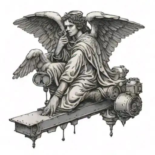 A Dotwork Tattoo Of A Guardian Angel Watching Over A Tig Welding Scene