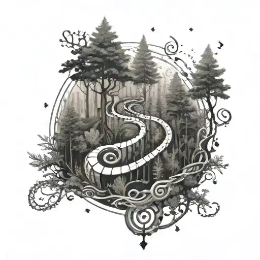 A Trail Winding Through A Forest With Hidden Musical Notes And Scientific Equations