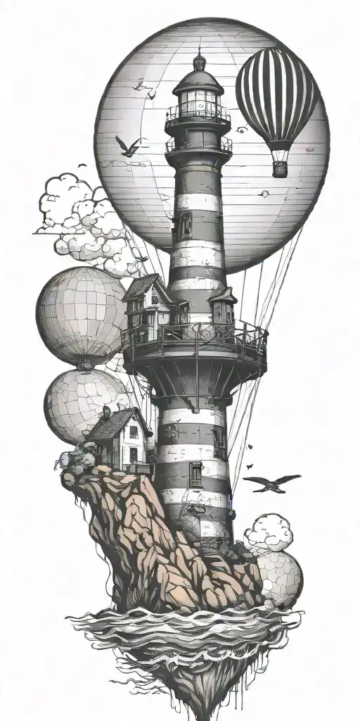 Light House Hot Air Balloon And Shipwreck Scene