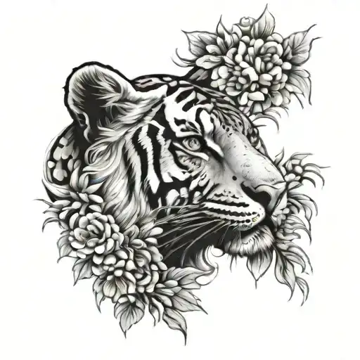 Woman Becoming A Tiger Surrounded By Flowers