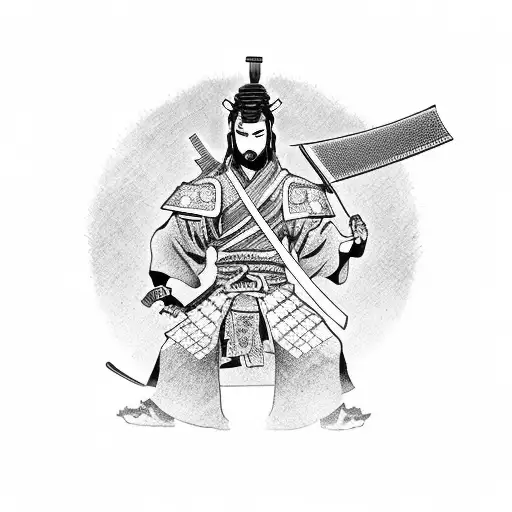 Samurai With A Sword On The Background Of A Pagoda That Is Doused By A Dragon