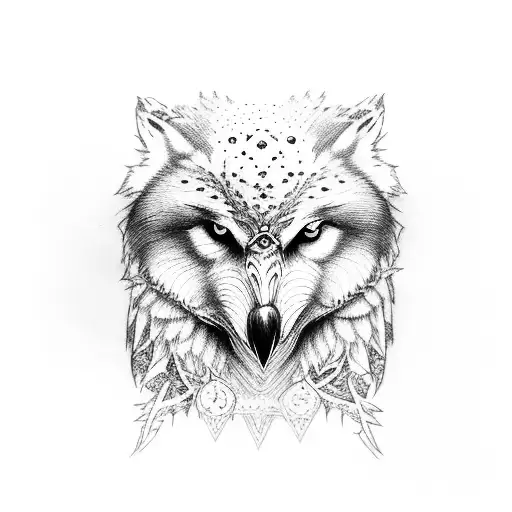 Snow Owl With Wolf And Forest