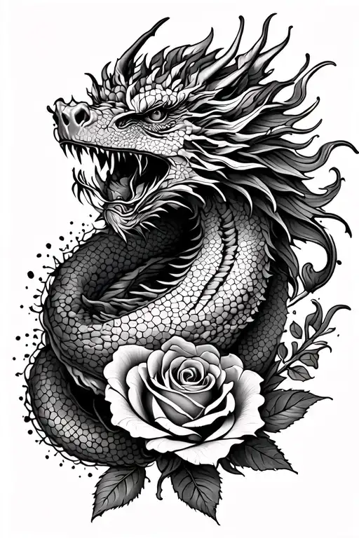 Rose Tattoo Featuring Un Dragon Wrapped