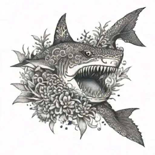 A Dotwork Design Featuring A Tribal Shark Surrounded By Coral Reefs And Sea Creatures