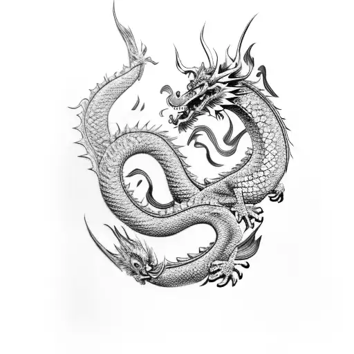 Chinese Dragon With Wave And Fire