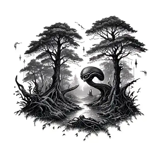 A Mystical Forest Scene With Hidden Video Game References And Alien Creatures