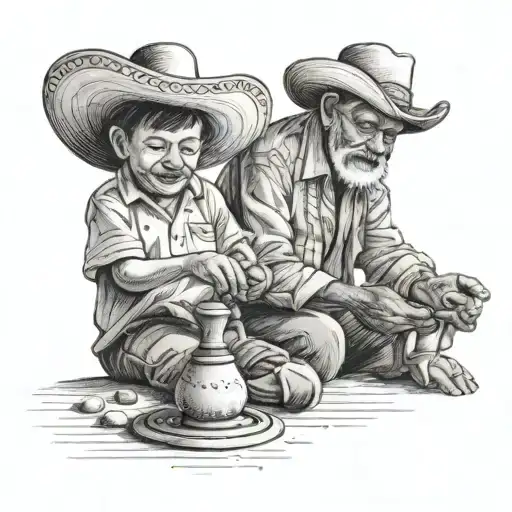 Grandfather Teaching How To Play Mexican Spinning Top To His Grandson