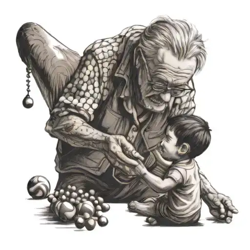 Grandfather Teaching How To Play With Marbles And Cards Mexican To His Grandson