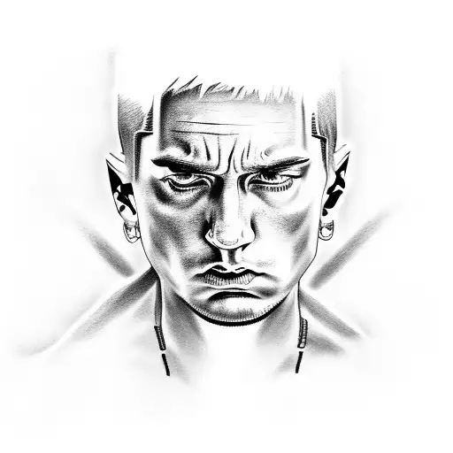 Eminem Face Portrait With His Albumcovers In The Background Sleeve Tatto