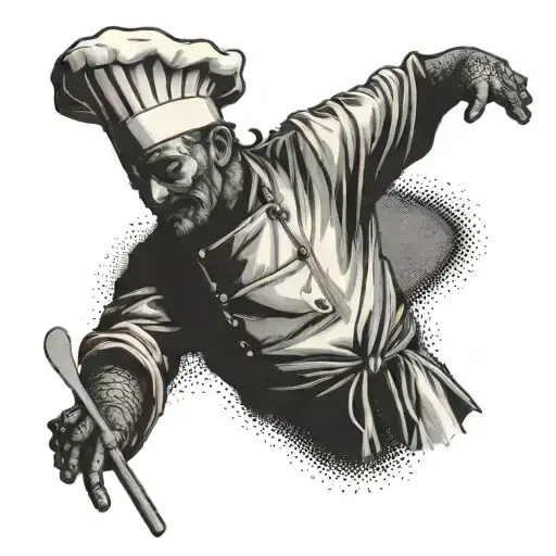 A Chef Wielding Kitchen Utensils In A Fight With Ninja Warriors