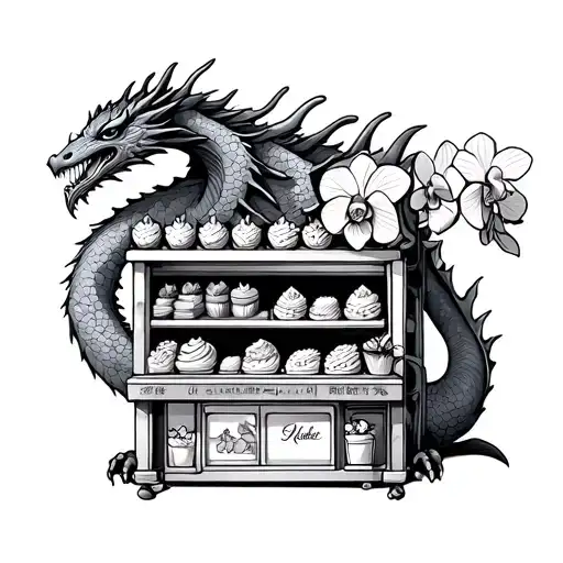 Dragon Guarding A Bakery Filled With Orchid-shaped Treats