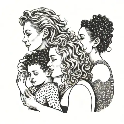 A Mother And Her Two Children With Wave Hair Embracing Each Other
