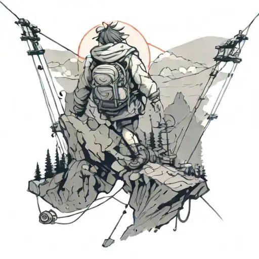 A Futuristic Anime Character Hiking Up A Mountain With Electric Wires Intertwined In The Background