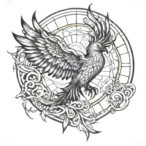 Phoenix Emerging From A Stained Glass Sun