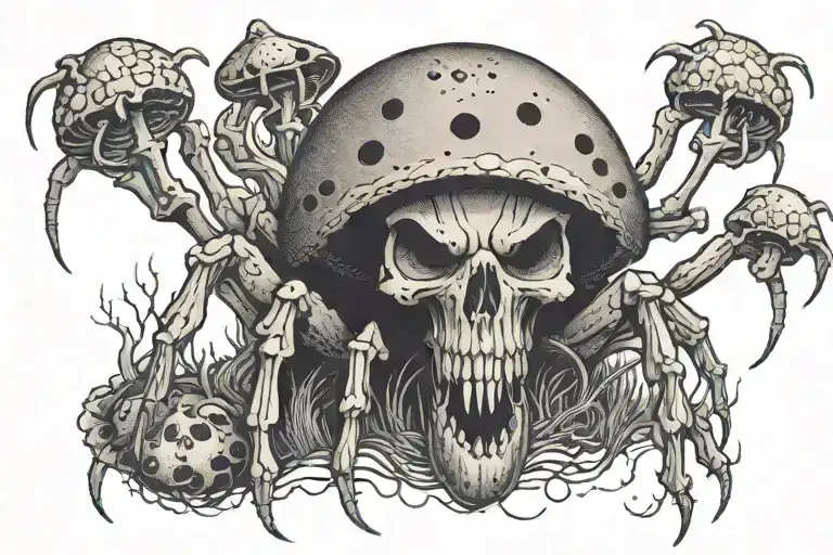 A Spider With A Body Shaped Like A Mushroom With A Skull Face And Fangs And Mushrooms