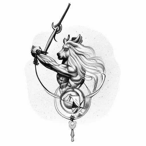 Sagittarius Centaur Bending A Bow With The Astrological Sign Aquarius Next To It On A Man's Forearm