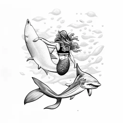 Mermaid Giving Oxygen To A Scuba Diver With Shark In The Background