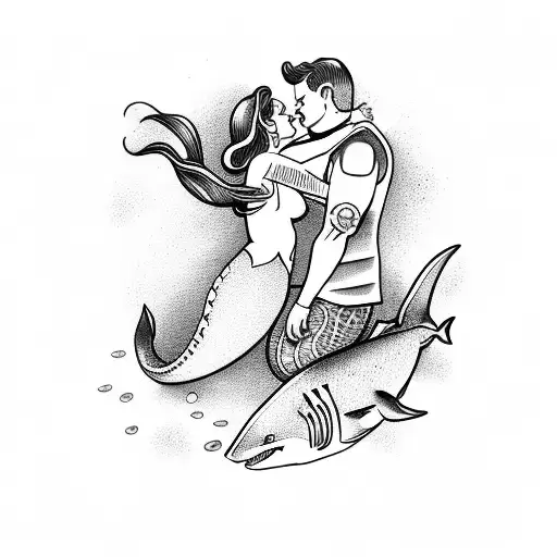 Mermaid Kissing A Scuba Diver With Shark In The Background
