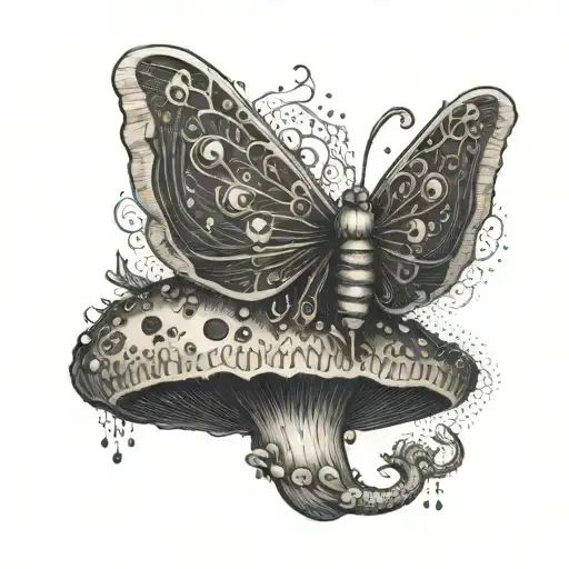 Burning Moth Emerging From A Mushroom With Intricate Dotwork Details
