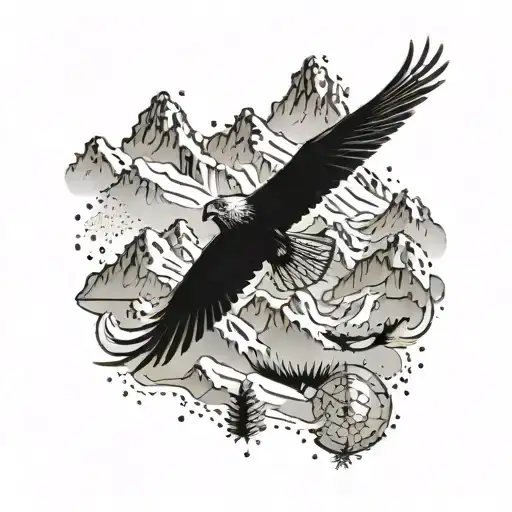 A Tattoo Of A Snow-covered Mountain Range With A Flock Of Falcons Flying Overhead