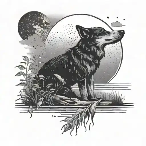 A Dotwork Tattoo Of A Dog Howling At The Moon In A Southern Swamp Setting