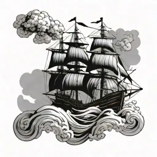 Pirate Ship Fighting Clouds And Waves Crashing