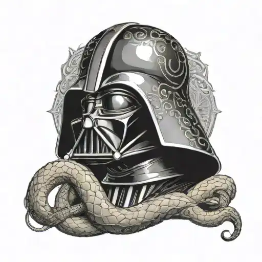 Create A Dotwork Tattoo Of Darth Vader And A Snake Representing Slytherin Intertwined
