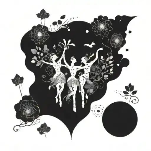 A Whimsical Tattoo Of Dancing Figures Surrounded By Vibrant Floral Arrangements