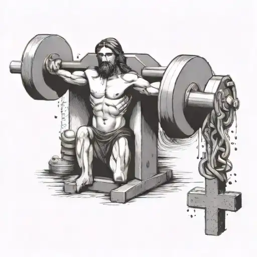 A Gym Scene With Weights Shaped Like Crosses And Jesus Christ Spotting Someone Lifting