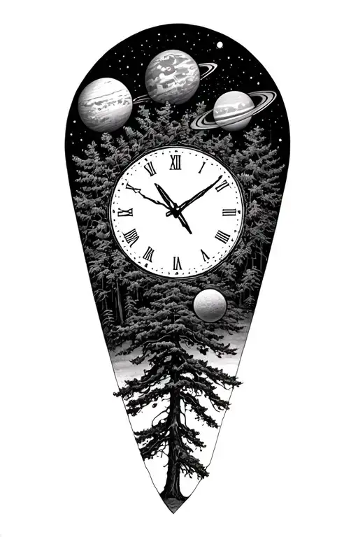 Clock Fine Line Hex Compads Pine Trees Planets