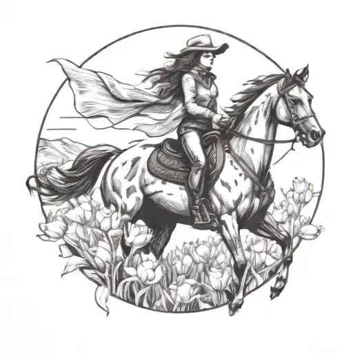 A Dotwork Design Of A Cowgirl Riding A Horse Through A Field Of Tulips