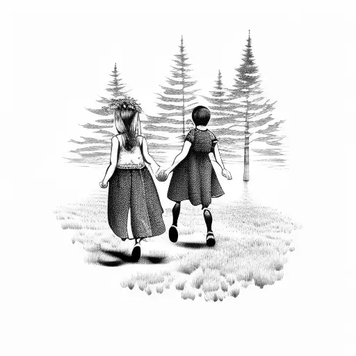 Two Children Walking Through Forest