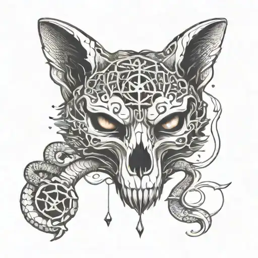 A Wolf Skull With An Ankh Symbol And Snake Skull Intertwined