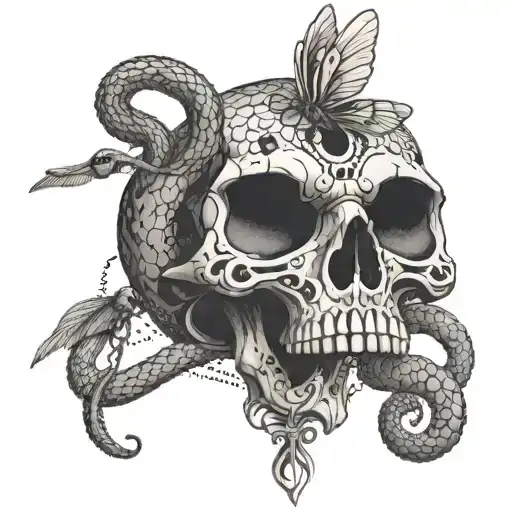 A Snake Skull With An Ankh Symbol As Its Eye And A Dragonfly Perched On Top