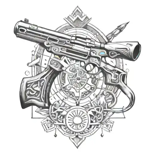 Create A Tattoo Featuring A Shotgun And Archery Equipment Intertwined With Native American Symbols