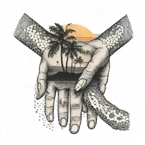 A Tattoo Of A Woman Holding Hands With Her Daughters On A Palm Beach At Sunset