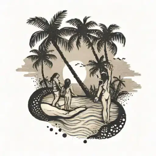 A Tattoo Of A Woman Holding Hands With Her Daughters On A Palm Beach At Sunset