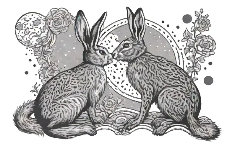 Back View Of Two Hares Sitting Next To Each Other And Looking Up At The Moon