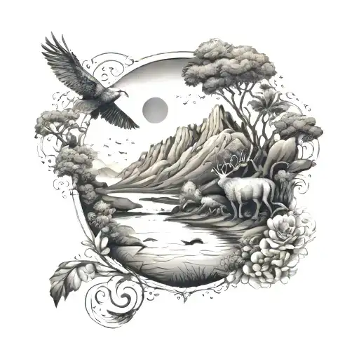 A Tattoo Featuring A Landscape With Hidden Symbols From The Bible Intertwined With Animals