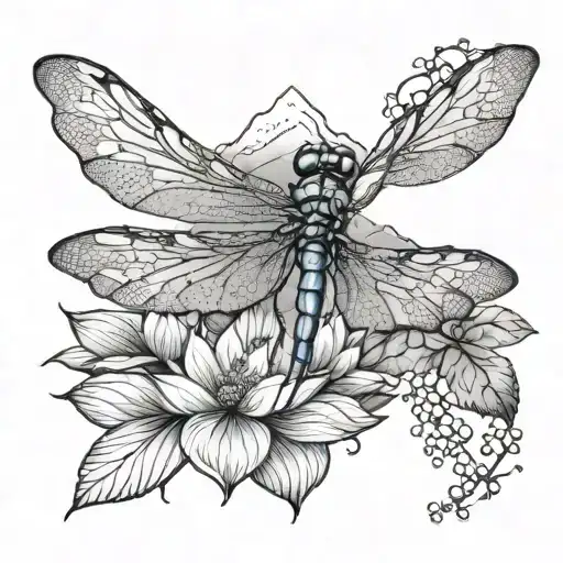 Dragonfly Over Lotus With Mountain In The Background