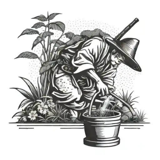Peaceful Samurai Gardener Watering A Plant
