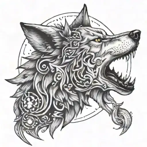 An Intricate Design Of A Wolf Howling At The Moon With A Medical Caduceus Incorporated