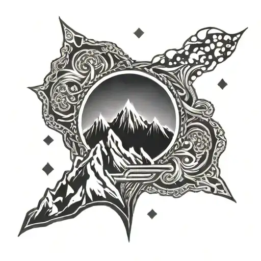 A Flame In The Style Of The Guild Wars 2 Element Symbol With A Mountain In The Background