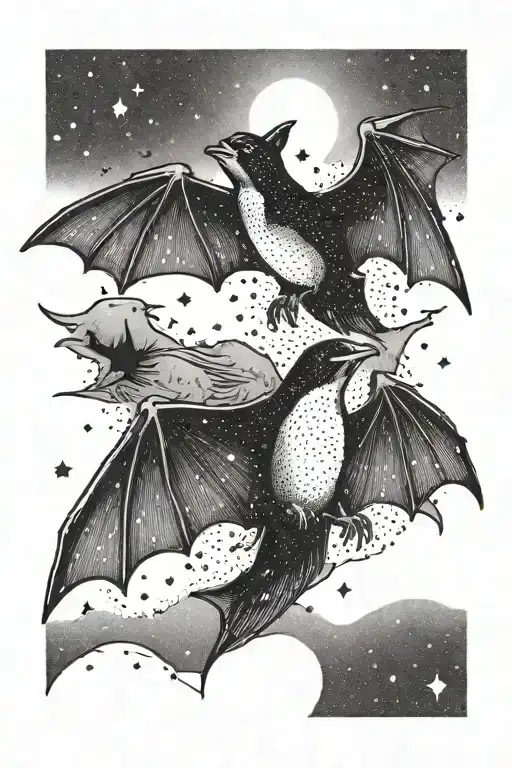 A Dotwork Tattoo Of A Bat And Penguin Flying Together In A Starry Night Sky