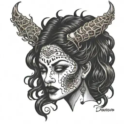Demon Woman Face Dark Lettering Black Hair