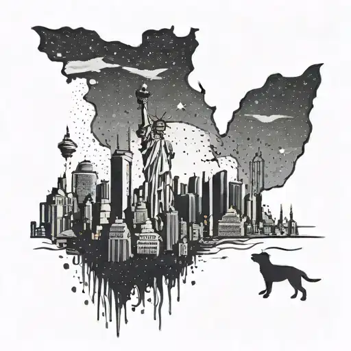 A Silhouette Of New York City Skyline With A Dog Howling At The Moon