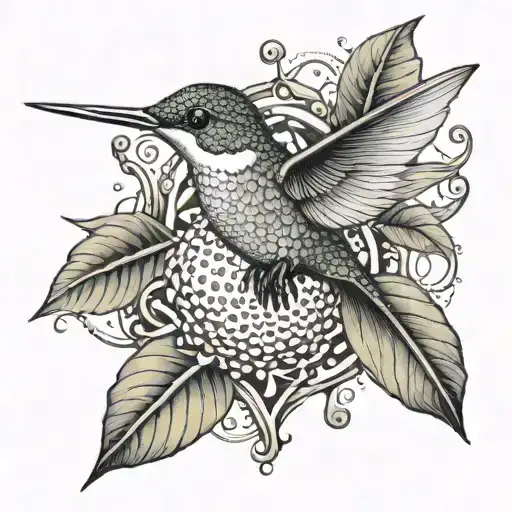 A Golf Club Intertwined With A Hummingbird In Dotwork Style
