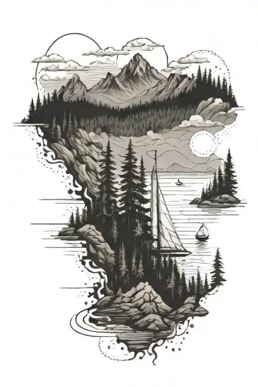 A Sailboat Navigating Through A Forest-filled Mountain Range