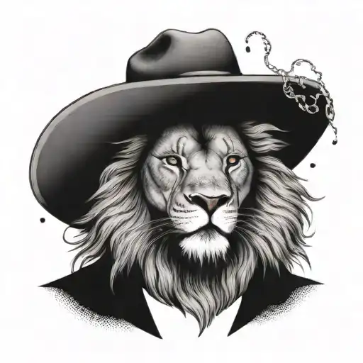 A Dotwork Tattoo Of A Lion Wearing Leon Juda's Signature Hat And Smoking A Reggae Themed Pipe