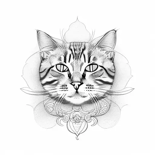 Line Drawing Of A Tabby Cat In An Ornate Frame With A Jasmine Leaf Wrapped Around It